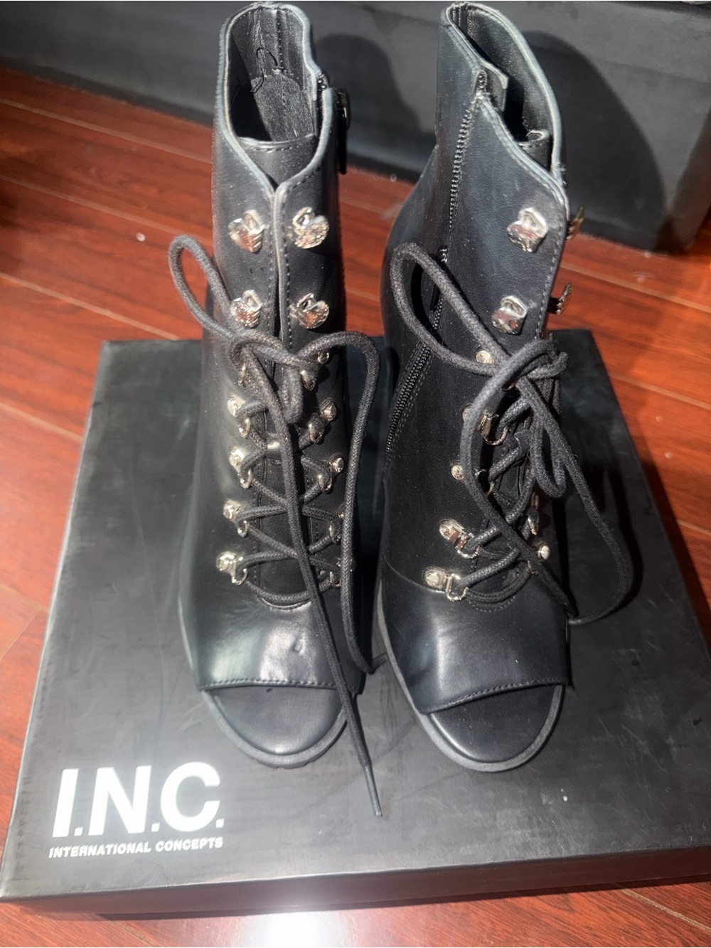 INC International Concepts Black Lace-Up Peep Toe Ankle Boots